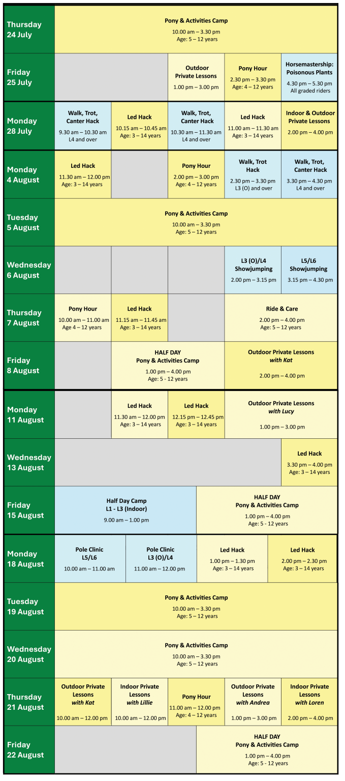 Summer holiday schedule at Ride High Equestrian Centre -updated 25 07 25
